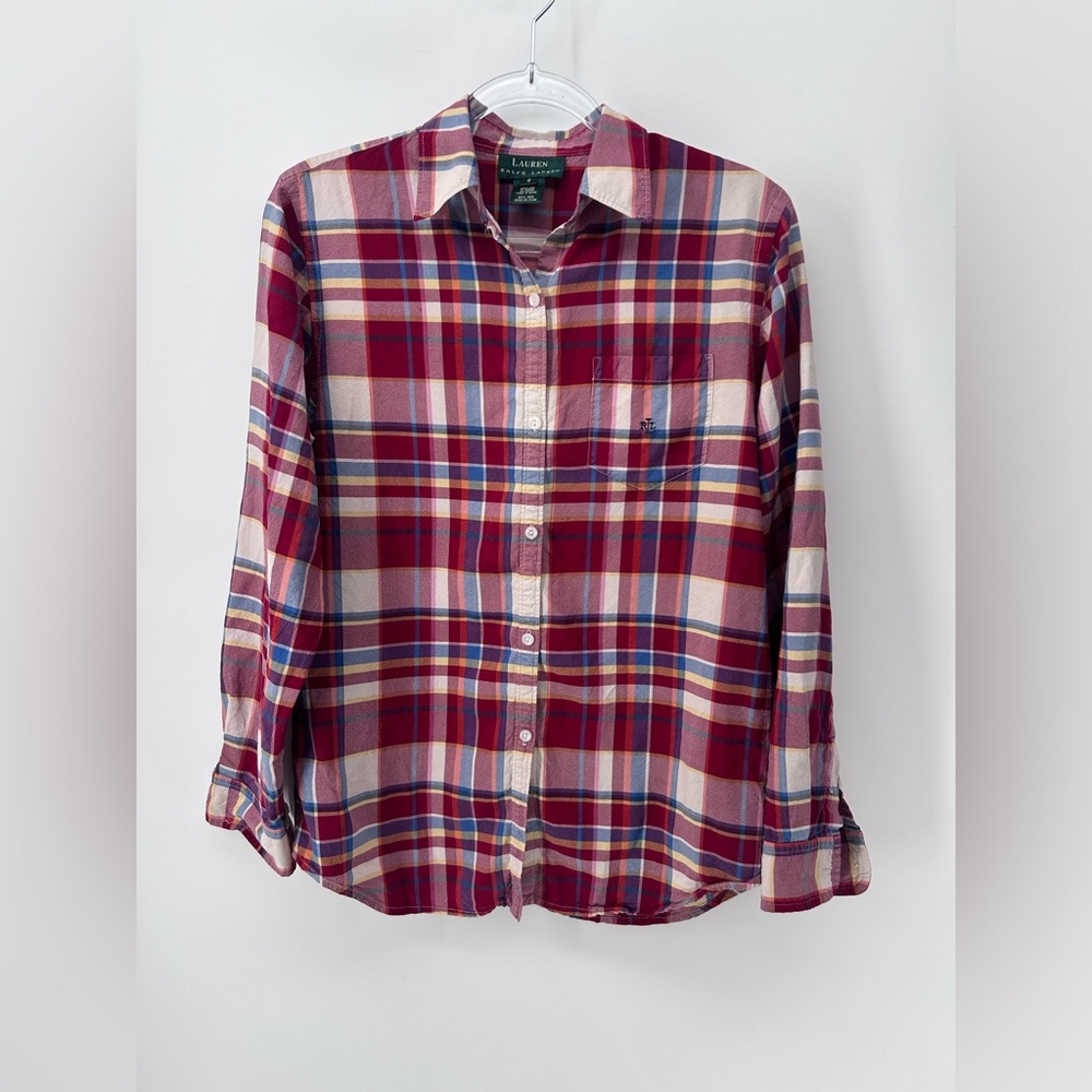 Lauren Ralph Lauren 100% Silk Long Sleeve Button Up Red Plaid Shirt Size S